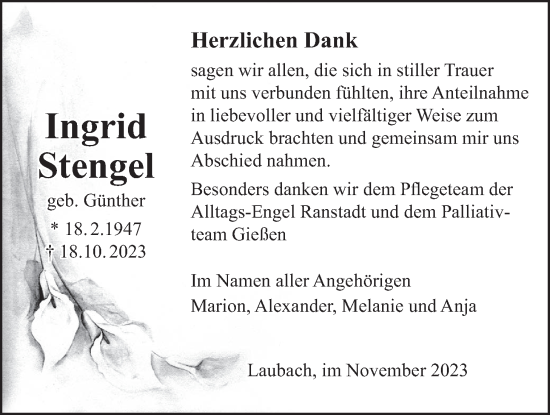 Traueranzeige von Ingrid Stengel von Laubacher Anzeiger