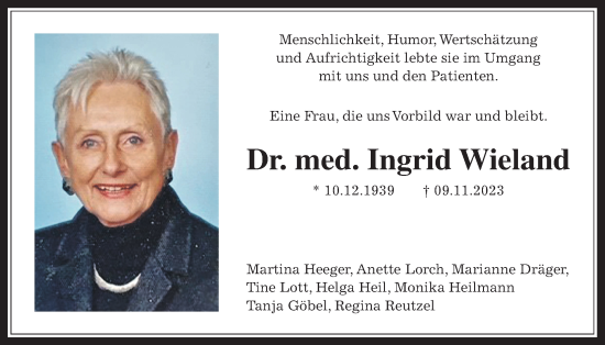 Traueranzeige von Ingrid Wiegand von Kreis-Anzeiger