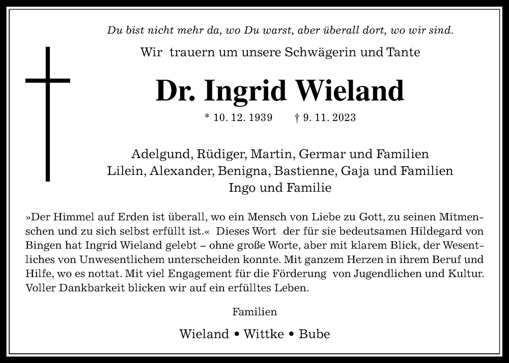  Traueranzeige für Ingrid Wieland vom 17.11.2023 aus Kreis-Anzeiger