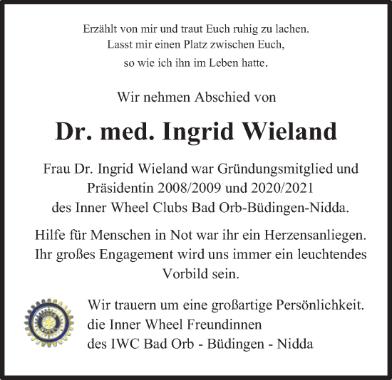 Traueranzeige von Ingrid Wieland von Kreis-Anzeiger