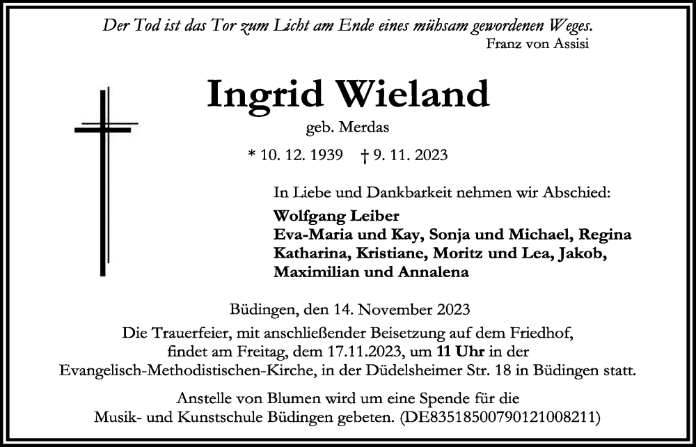  Traueranzeige für Ingrid Wieland vom 14.11.2023 aus Kreis-Anzeiger