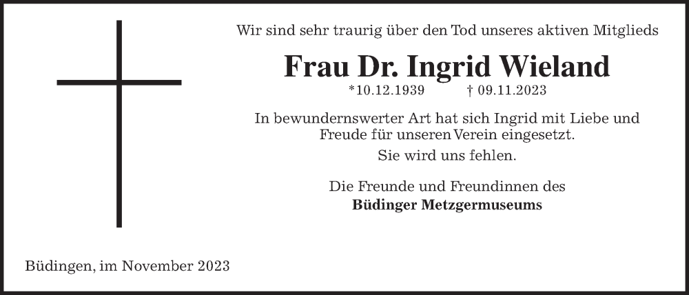  Traueranzeige für Ingrid Wieland vom 18.11.2023 aus Kreis-Anzeiger