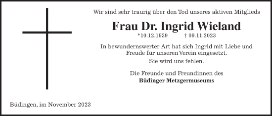 Traueranzeige von Ingrid Wieland von Kreis-Anzeiger