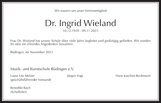 Traueranzeige von Ingrid Wieland von Kreis-Anzeiger
