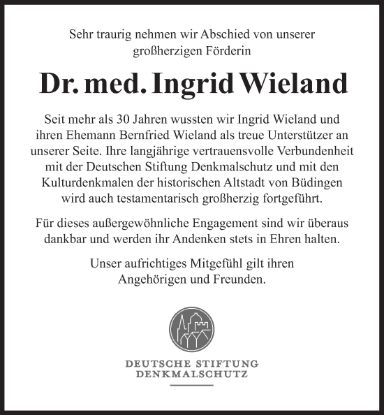Traueranzeige von Ingrid Wieland von Kreis-Anzeiger
