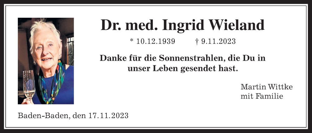  Traueranzeige für Ingrid Wieland vom 17.11.2023 aus Kreis-Anzeiger