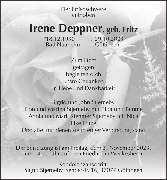 Traueranzeige von Irene Deppner von Wetterauer Zeitung