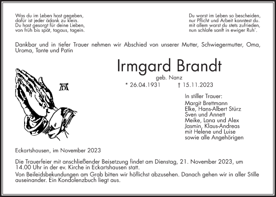 Traueranzeige von Irmgard Brandt von Kreis-Anzeiger
