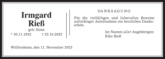 Traueranzeige von Irmgard Rieß von Wetterauer Zeitung, Wetterauer Zeitung