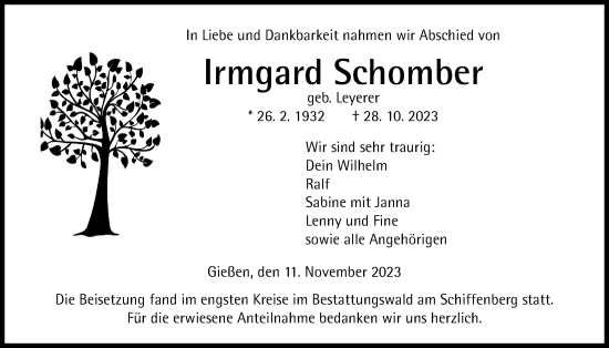 Traueranzeige von Irmgard Schomber von Giessener Anzeiger, Giessener Allgemeine, Alsfelder Allgemeine