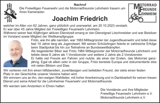 Traueranzeige von Joachim Friedrich von Giessener Allgemeine, Alsfelder Allgemeine