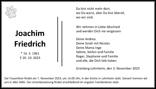 Traueranzeige von Joachim Friedrich von Giessener Allgemeine, Alsfelder Allgemeine