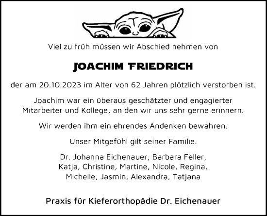 Traueranzeige von Joachim Friedrich von Giessener Allgemeine, Alsfelder Allgemeine