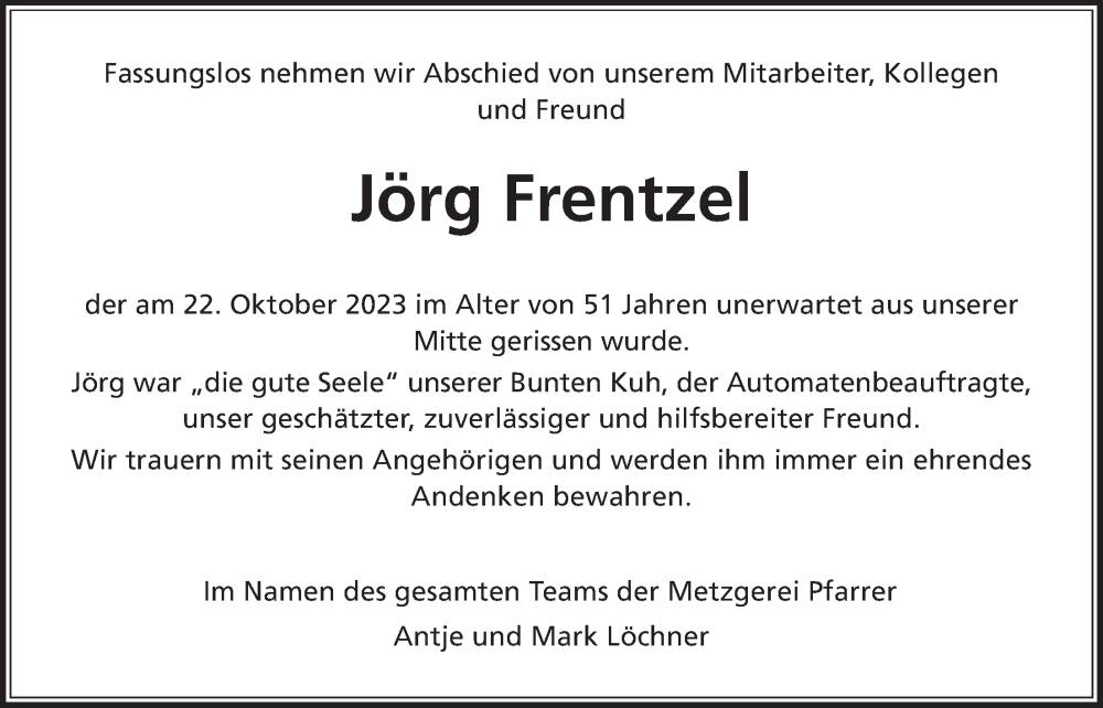  Traueranzeige für Jörg Frentzel vom 04.11.2023 aus Wetterauer Zeitung