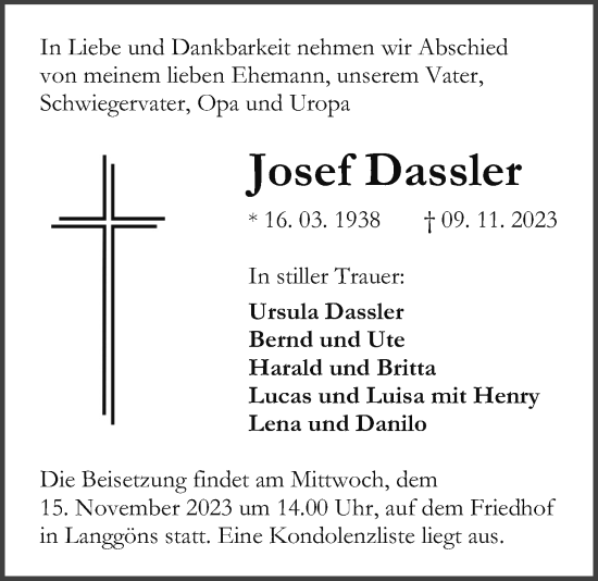 Traueranzeige von Josef Dassler von Giessener Allgemeine, Alsfelder Allgemeine, Giessener Allgemeine, Alsfelder Allgemeine