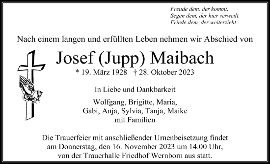 Traueranzeige von Josef Maibach von Usinger Anzeiger