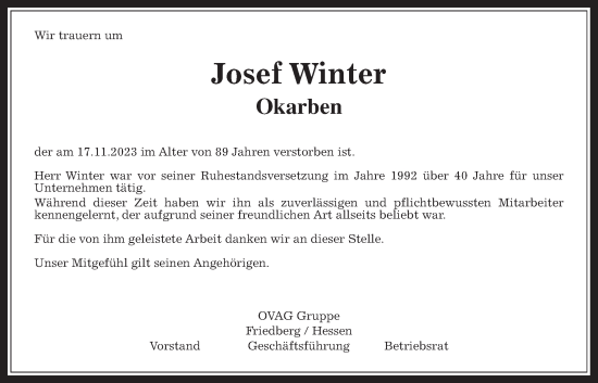 Traueranzeige von Josef Winter von Wetterauer Zeitung