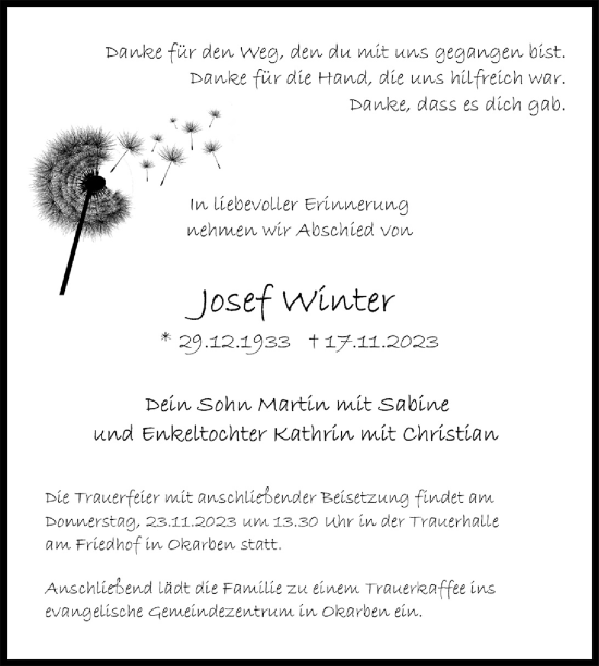 Traueranzeige von Josef Winter von Wetterauer Zeitung
