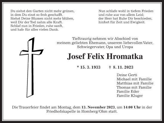 Traueranzeige von Josef Felix Hromatka von Alsfelder Allgemeine