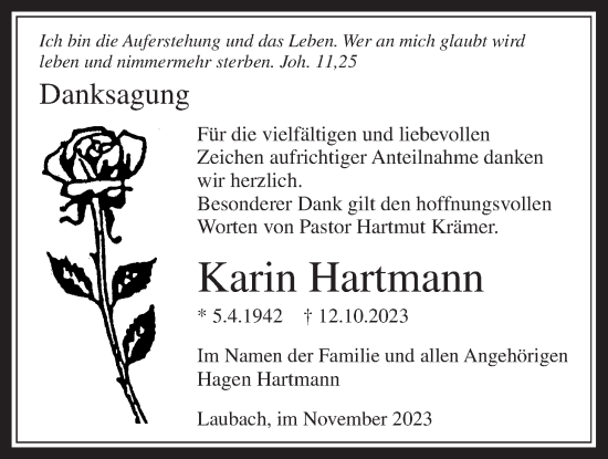 Traueranzeige von Karin Hartmann von Giessener Allgemeine, Alsfelder Allgemeine, Giessener Allgemeine, Alsfelder Allgemeine, Laubacher Anzeiger