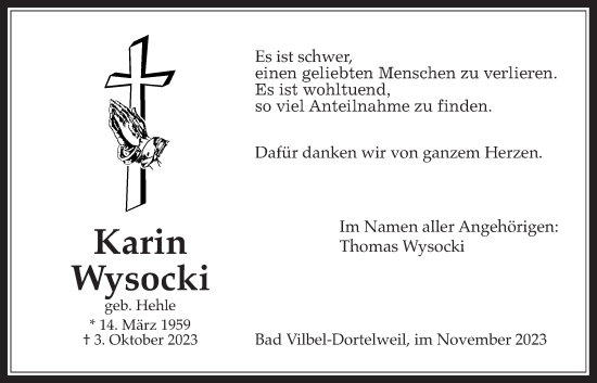 Traueranzeige von Karin Wysocki von Bad Vilbel/Karben