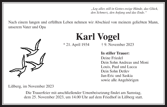 Traueranzeige von Karl Vogel von Kreis-Anzeiger