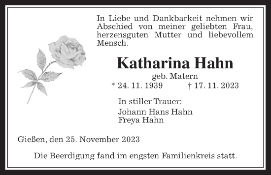 Traueranzeige von Katharina Hahn von Giessener Anzeiger