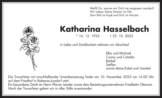Traueranzeige von Katharina Hasselbach von Rabenauer Zeitung