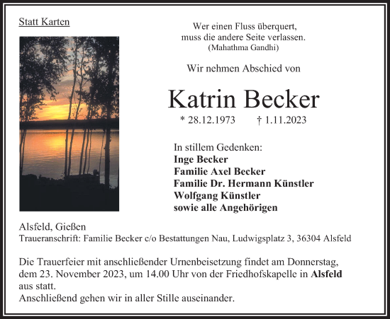 Traueranzeige von Katrin Becker von Giessener Allgemeine, Alsfelder Allgemeine