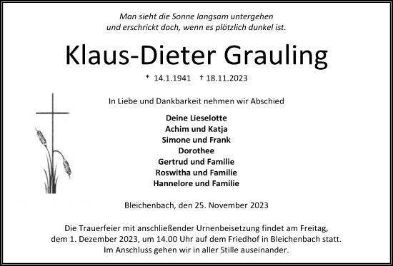 Traueranzeige von Klaus-Dieter Grauling von Kreis-Anzeiger