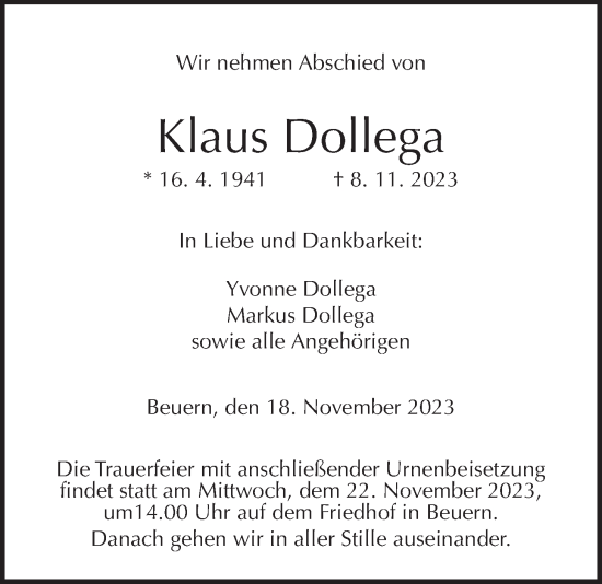 Traueranzeige von Klaus Dollega von Giessener Allgemeine, Alsfelder Allgemeine