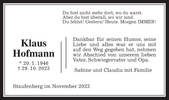 Traueranzeige von Klaus Hofmann von Giessener Anzeiger