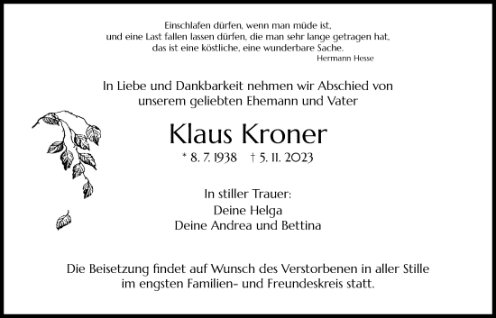 Traueranzeige von Klaus Kroner von Bad Vilbel/Karben