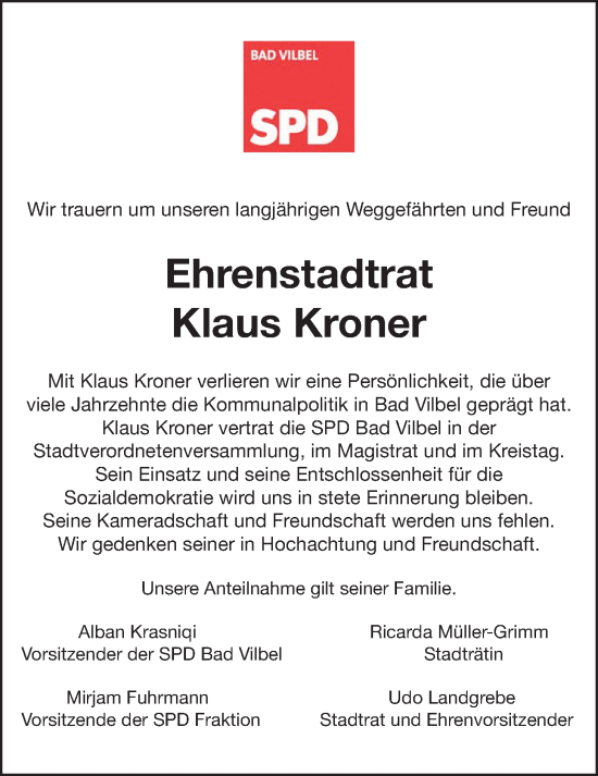 Traueranzeige von Klaus Kroner von Bad Vilbel/Karben
