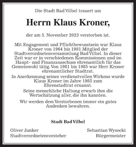 Traueranzeige von Klaus Kroner von Bad Vilbel/Karben