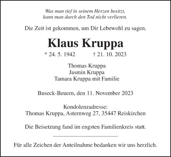 Traueranzeige von Klaus Kruppa von Giessener Allgemeine, Alsfelder Allgemeine