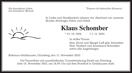 Traueranzeige von Klaus Schomber von Giessener Allgemeine, Alsfelder Allgemeine, Giessener Allgemeine, Alsfelder Allgemeine