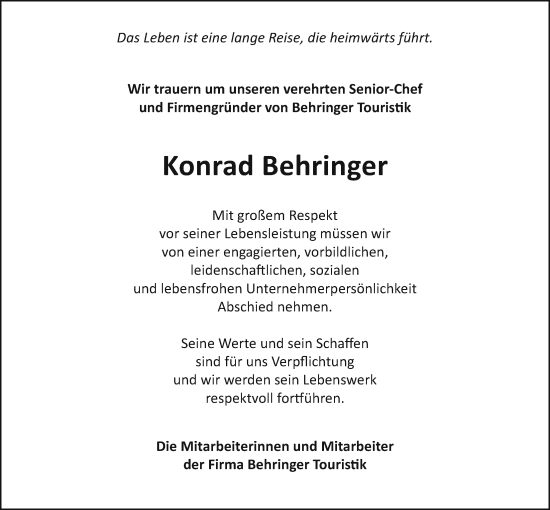 Traueranzeige von Konrad Behringer von Giessener Allgemeine, Alsfelder Allgemeine, Giessener Anzeiger