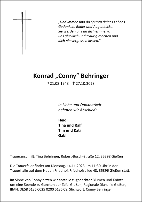 Traueranzeige von Konrad Behringer von Giessener Allgemeine, Alsfelder Allgemeine, Giessener Anzeiger