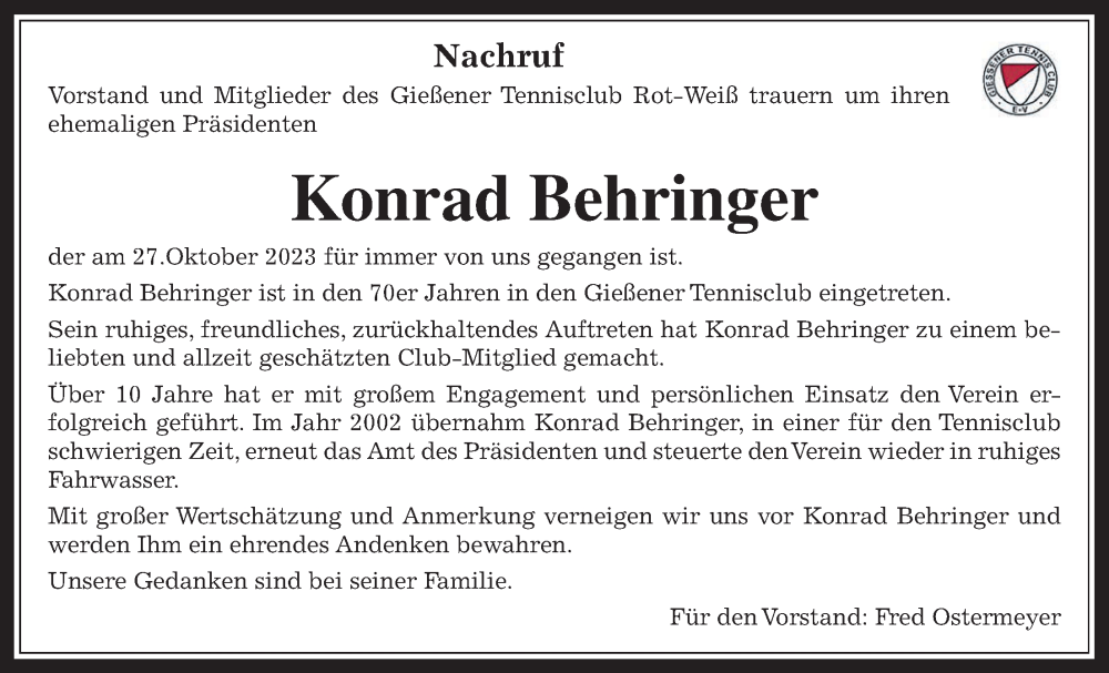  Traueranzeige für Konrad Behringer vom 04.11.2023 aus Giessener Allgemeine, Alsfelder Allgemeine, Giessener Anzeiger