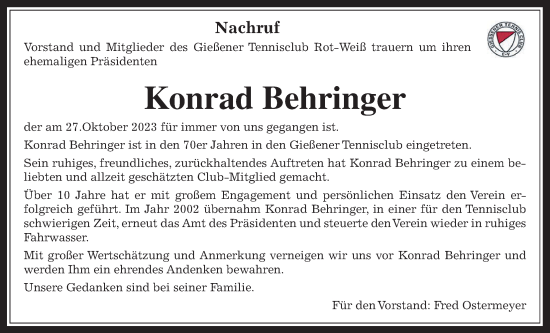 Traueranzeige von Konrad Behringer von Giessener Allgemeine, Alsfelder Allgemeine, Giessener Anzeiger