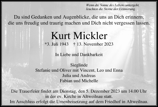 Traueranzeige von Kurt Mickler von Usinger Anzeiger