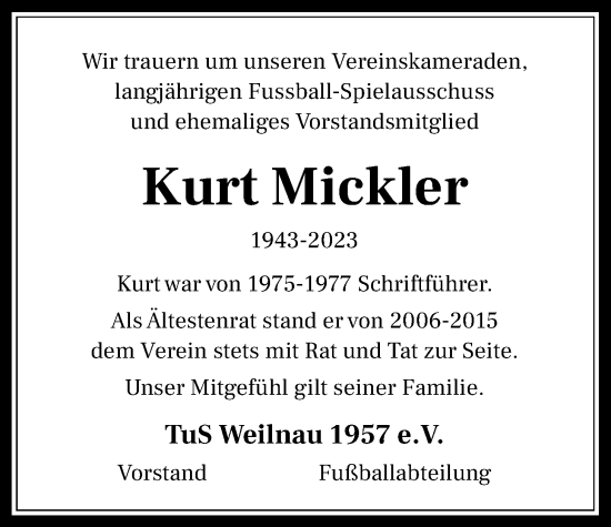 Traueranzeige von Kurt Mickler von Usinger Anzeiger