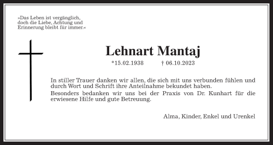 Traueranzeige von Lehnart Mantaj von Allendorfer Mitteilungen