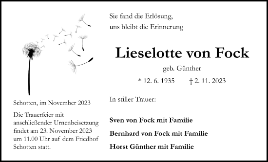 Traueranzeige von Lieselotte von Fock von Kreis-Anzeiger