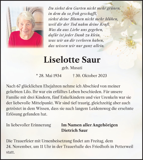 Traueranzeige von Liselotte Saur von Bad Vilbel/Karben