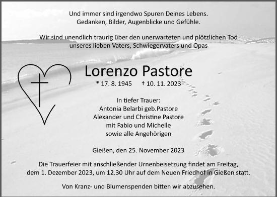 Traueranzeige von Lorenzo Pastore von Giessener Allgemeine, Alsfelder Allgemeine