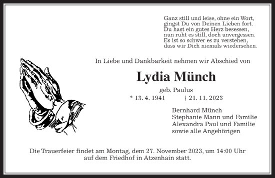 Traueranzeige von Lydia Münch von Giessener Allgemeine, Alsfelder Allgemeine