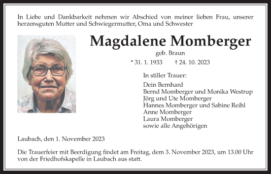 Traueranzeige von Magdalene Momberger von Laubacher Anzeiger