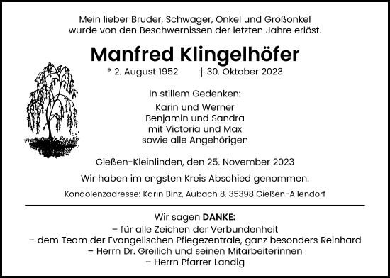 Traueranzeige von Manfred Klingelhöfer von Giessener Anzeiger, Giessener Allgemeine, Alsfelder Allgemeine